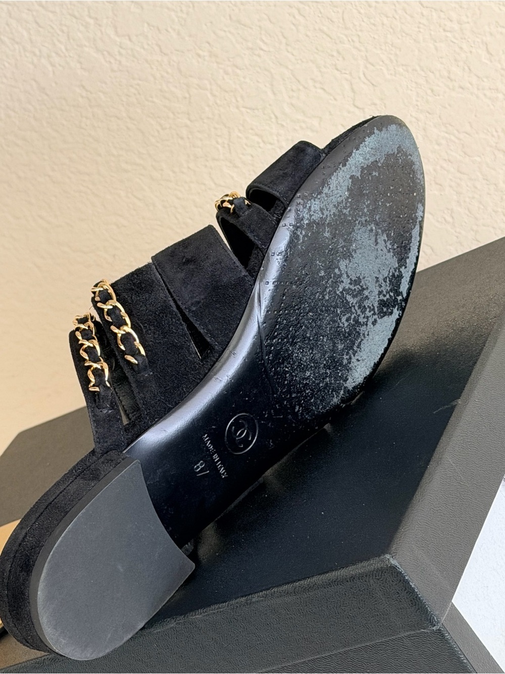 CHANEL Black Suede Chain-Trim Slide Mules - Picture 6 of 10